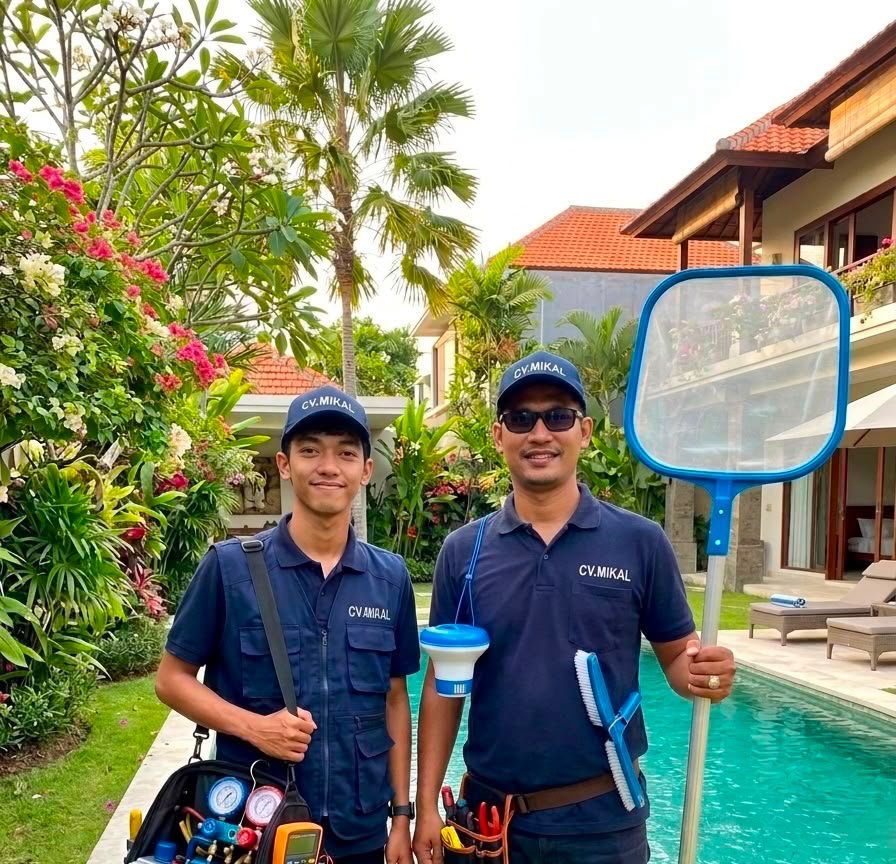 MIKAL technicians at a villa swimming pool