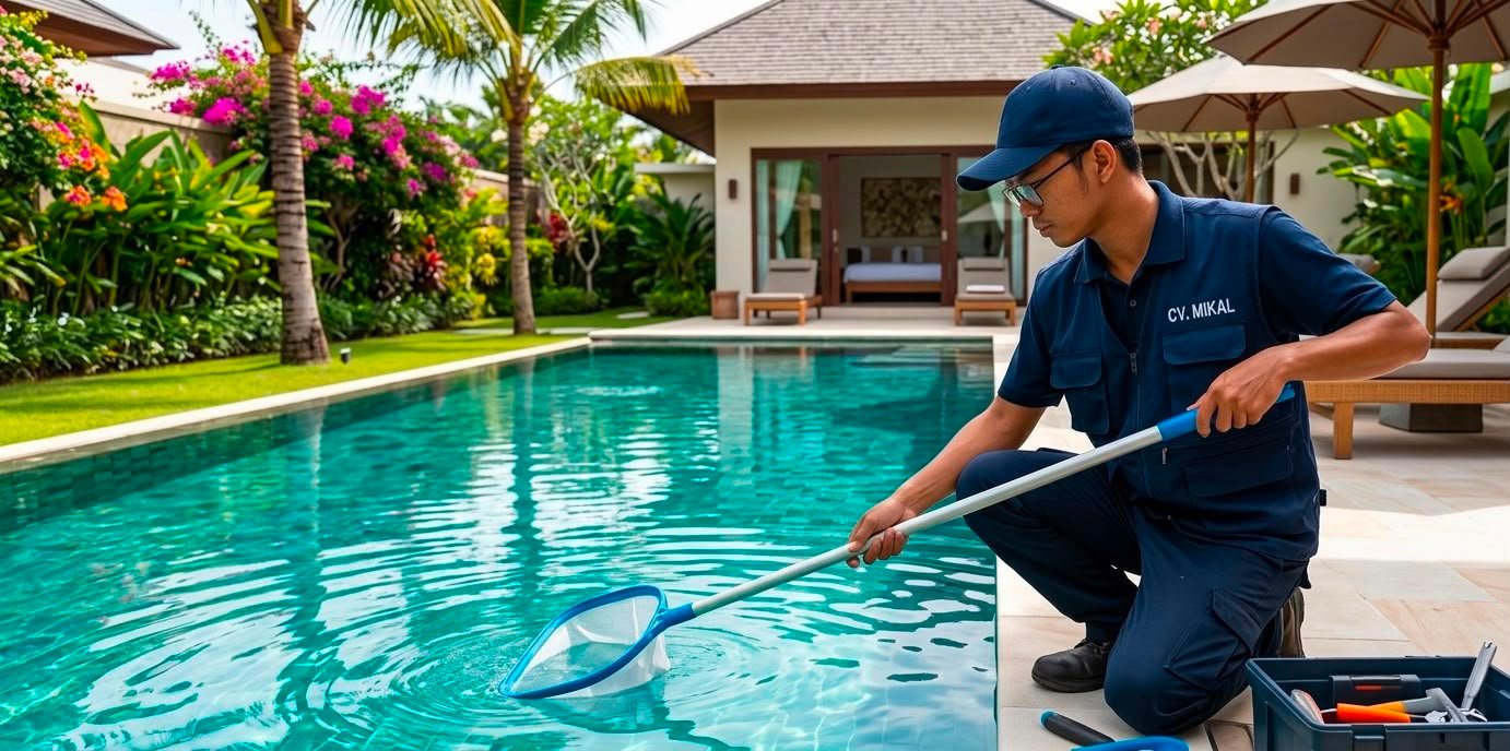 Technician cleaning a swimming pool