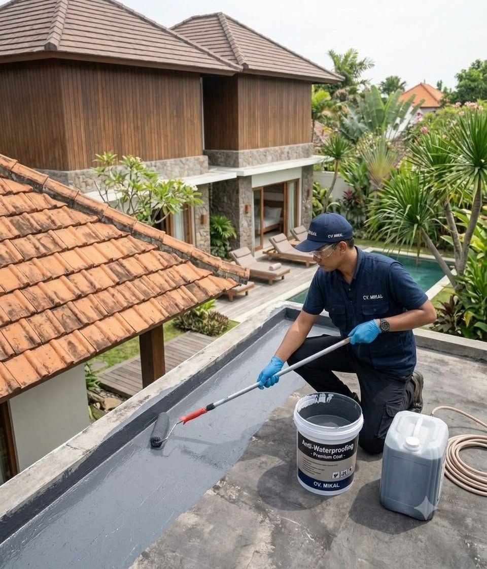 Waterproofing coating applied to a roof
